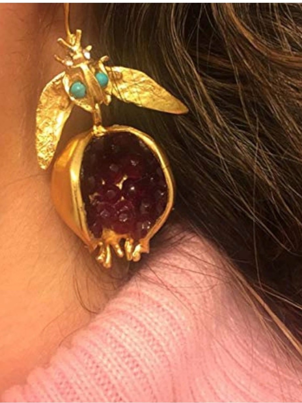 Gold Pomegranate Earrings Red Gemstone Statement Dangles - Picture 2 of 7